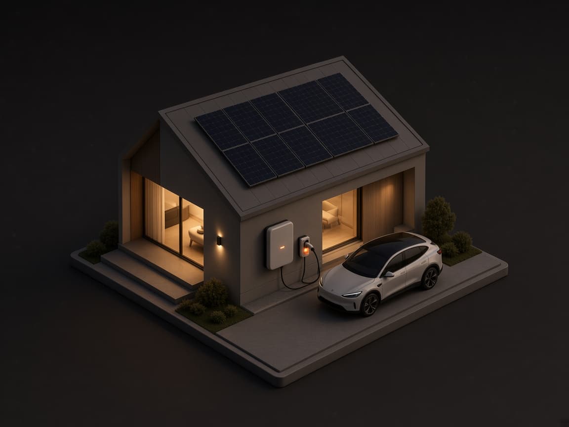 Ilustração da casa com painéis solares, bateria, carregador e carro