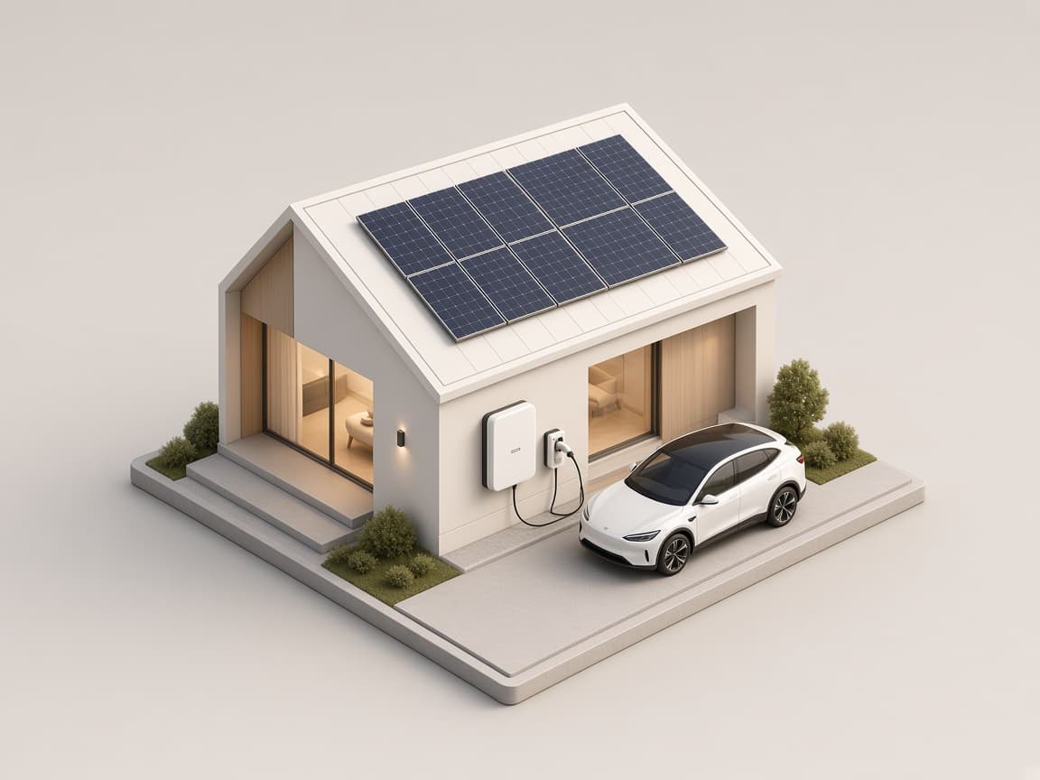 Ilustração da casa com painéis solares, bateria, carregador e carro